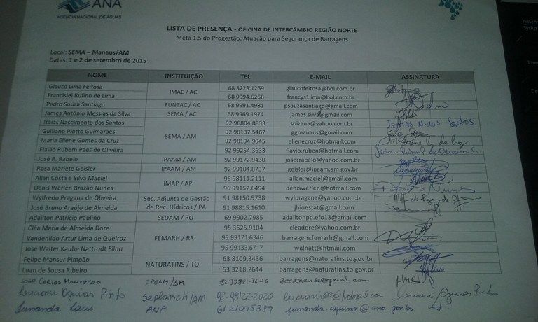 Lista de presença Oficina Segurança de Barragens Manaus
